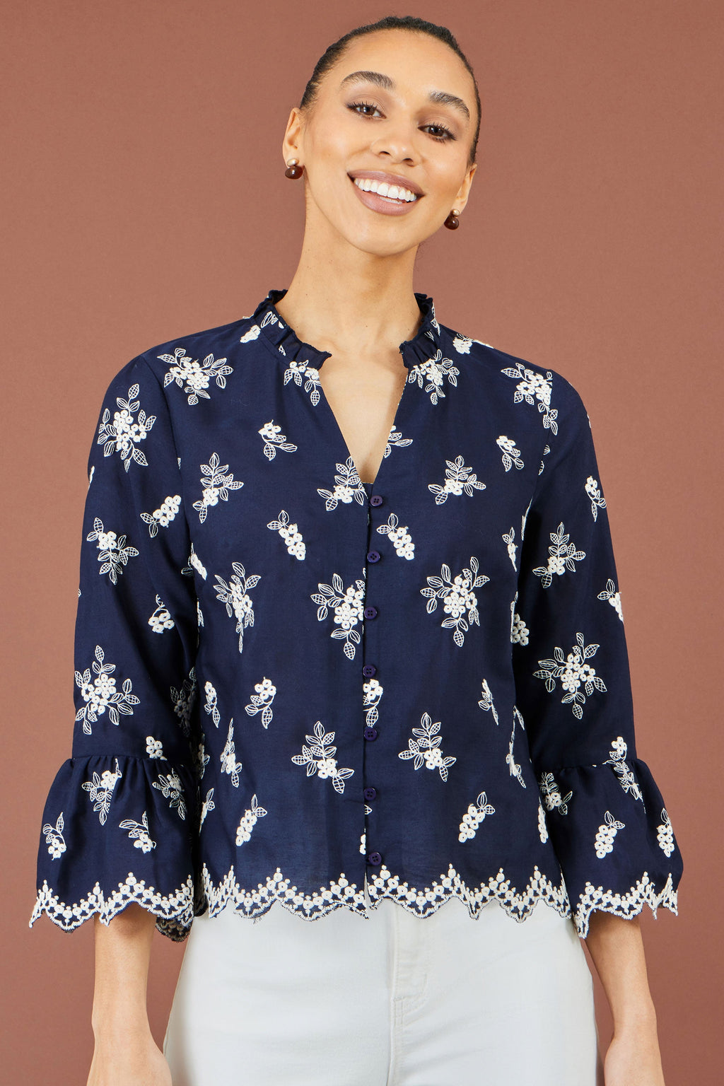 Yumi Navy Broderie Shirt With Fluted Sleeves