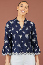 Yumi Navy Broderie Shirt With Fluted Sleeves