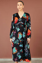 Yumi Black Floral Midi Dress With Long Sleeves