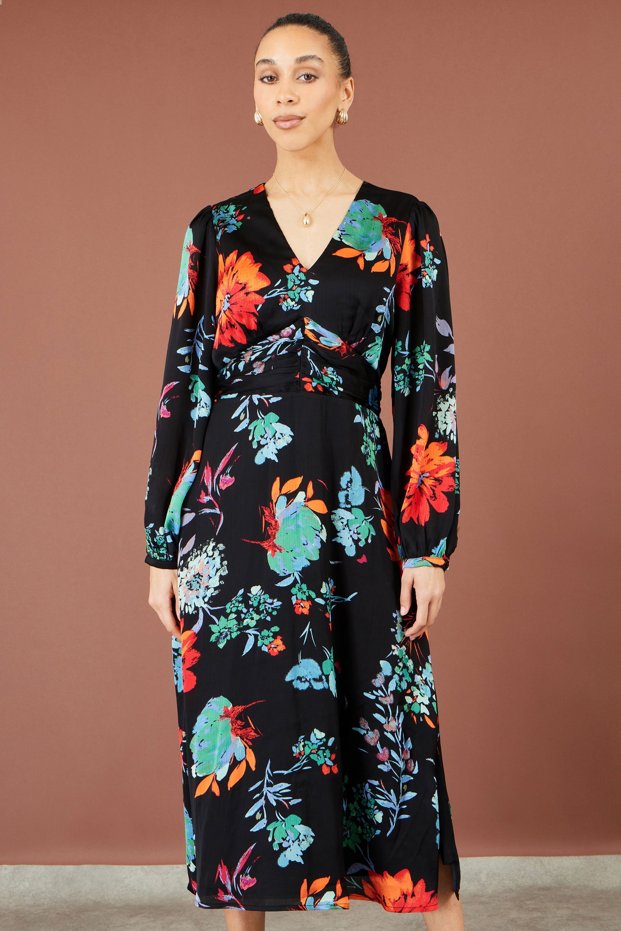 Yumi Black Floral Midi Dress With Long Sleeves