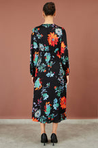 Yumi Black Floral Midi Dress With Long Sleeves