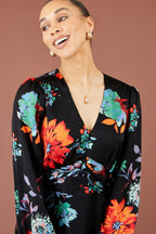 Yumi Black Floral Midi Dress With Long Sleeves