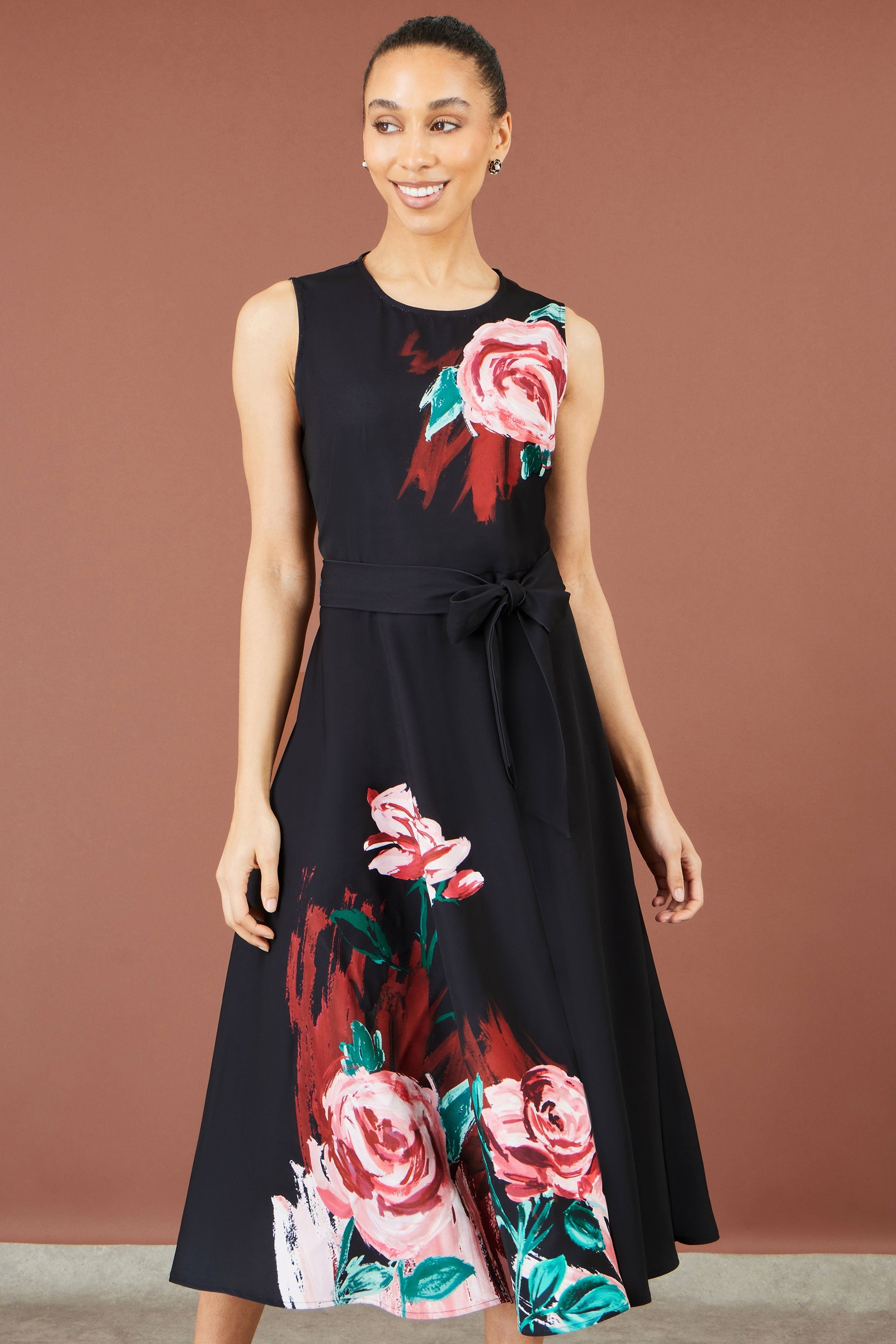 Yumi Black Abstract Floral Skater Midi Dress
