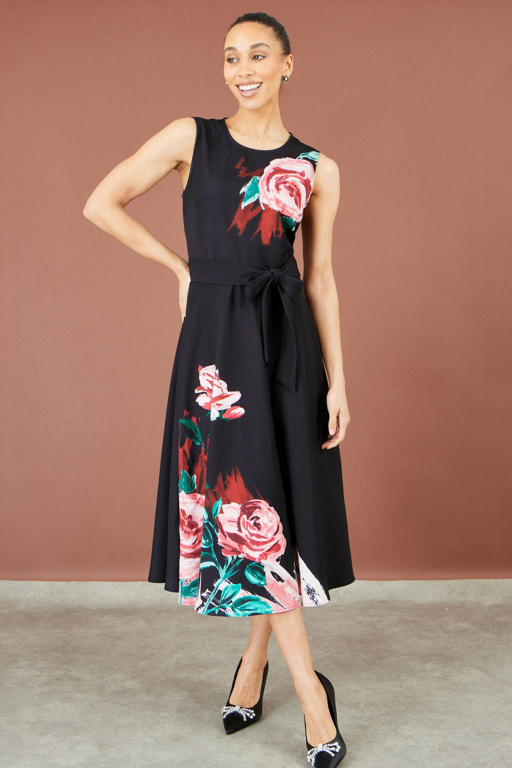 Yumi Black Abstract Floral Skater Midi Dress