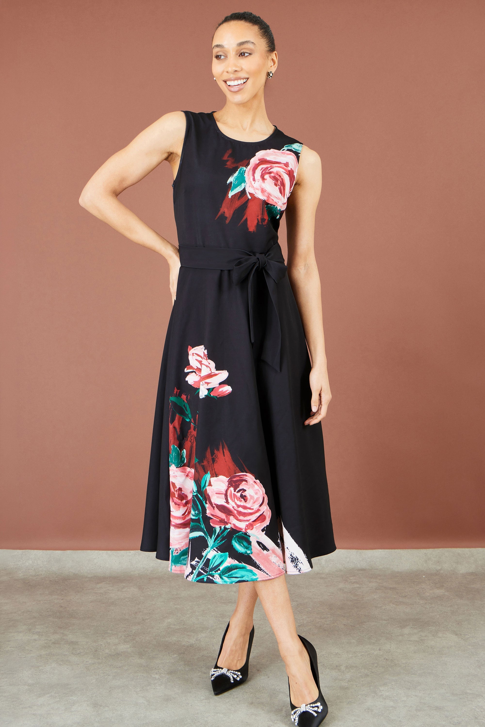 Yumi Black Abstract Floral Skater Midi Dress