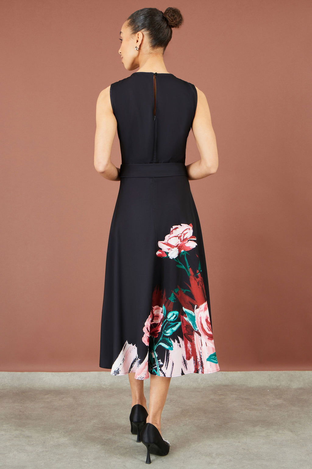 Yumi Black Abstract Floral Skater Midi Dress