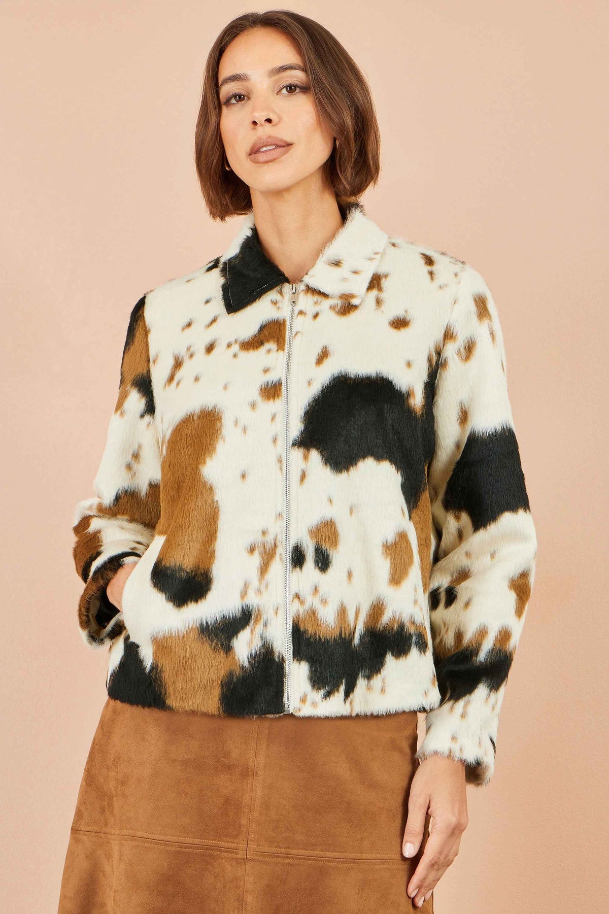 Yumi Brown Cow Print Faux Fur Zip Jacket