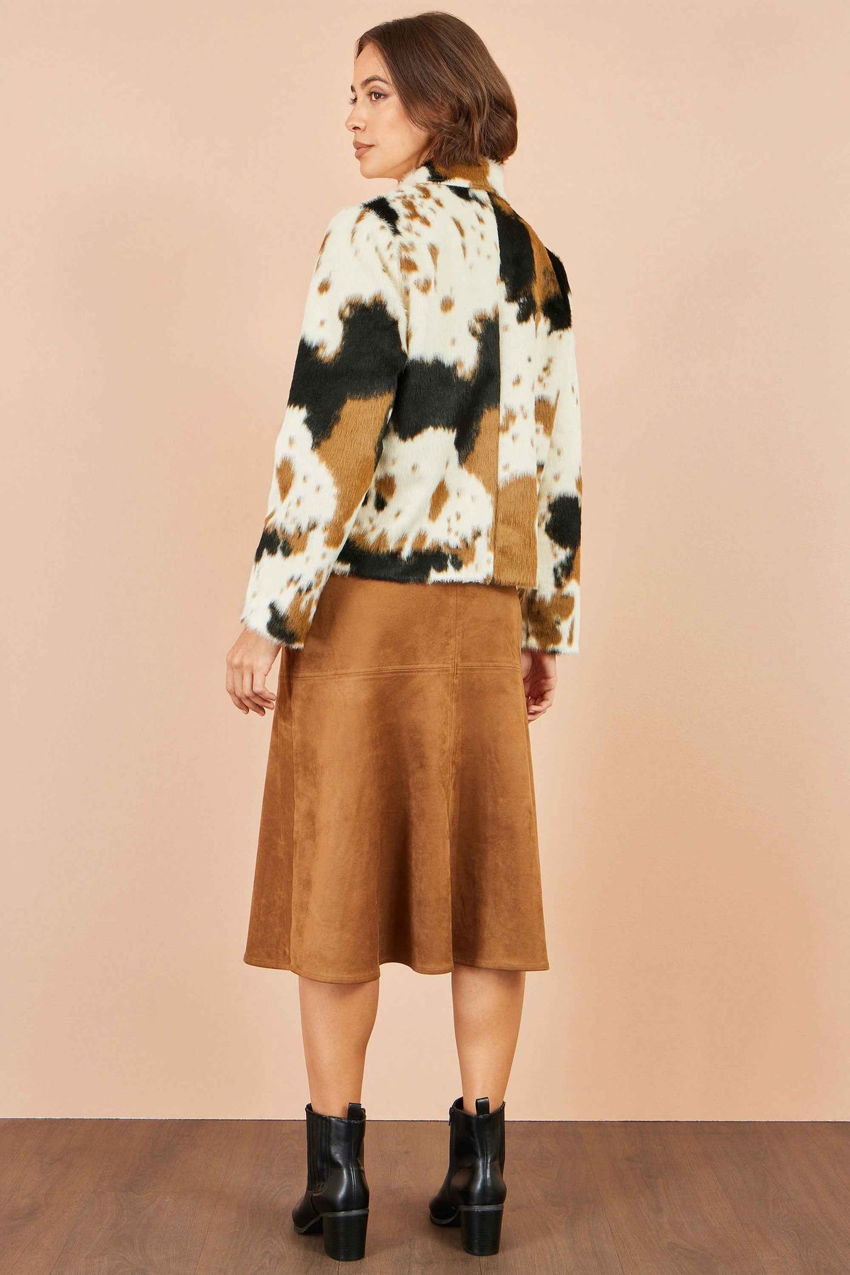 Yumi Brown Cow Print Faux Fur Zip Jacket