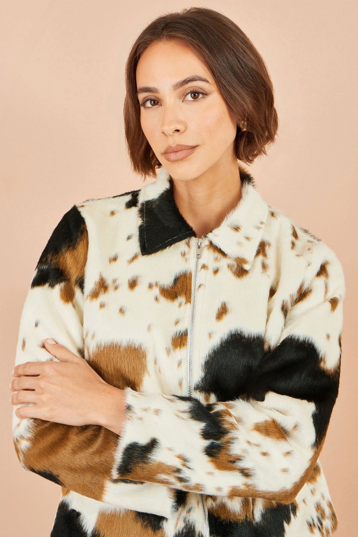 Yumi Brown Cow Print Faux Fur Zip Jacket