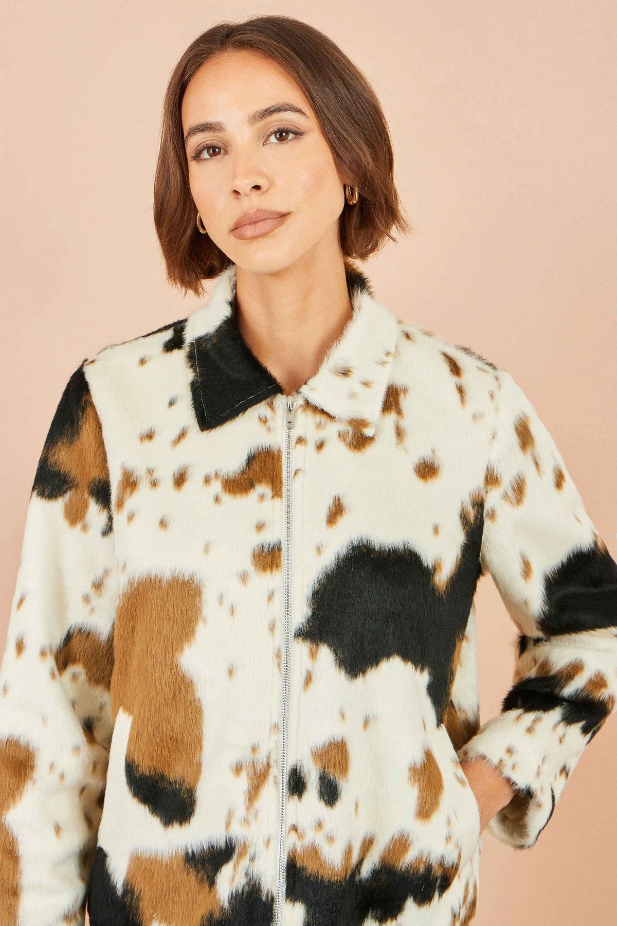 Yumi Brown Cow Print Faux Fur Zip Jacket