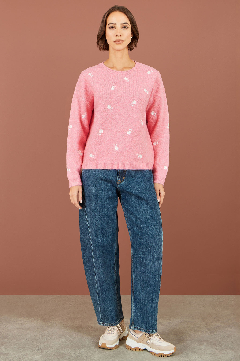 Yumi Pink Daisy Embroidered Relaxed Jumper