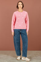 Yumi Pink Daisy Embroidered Relaxed Jumper