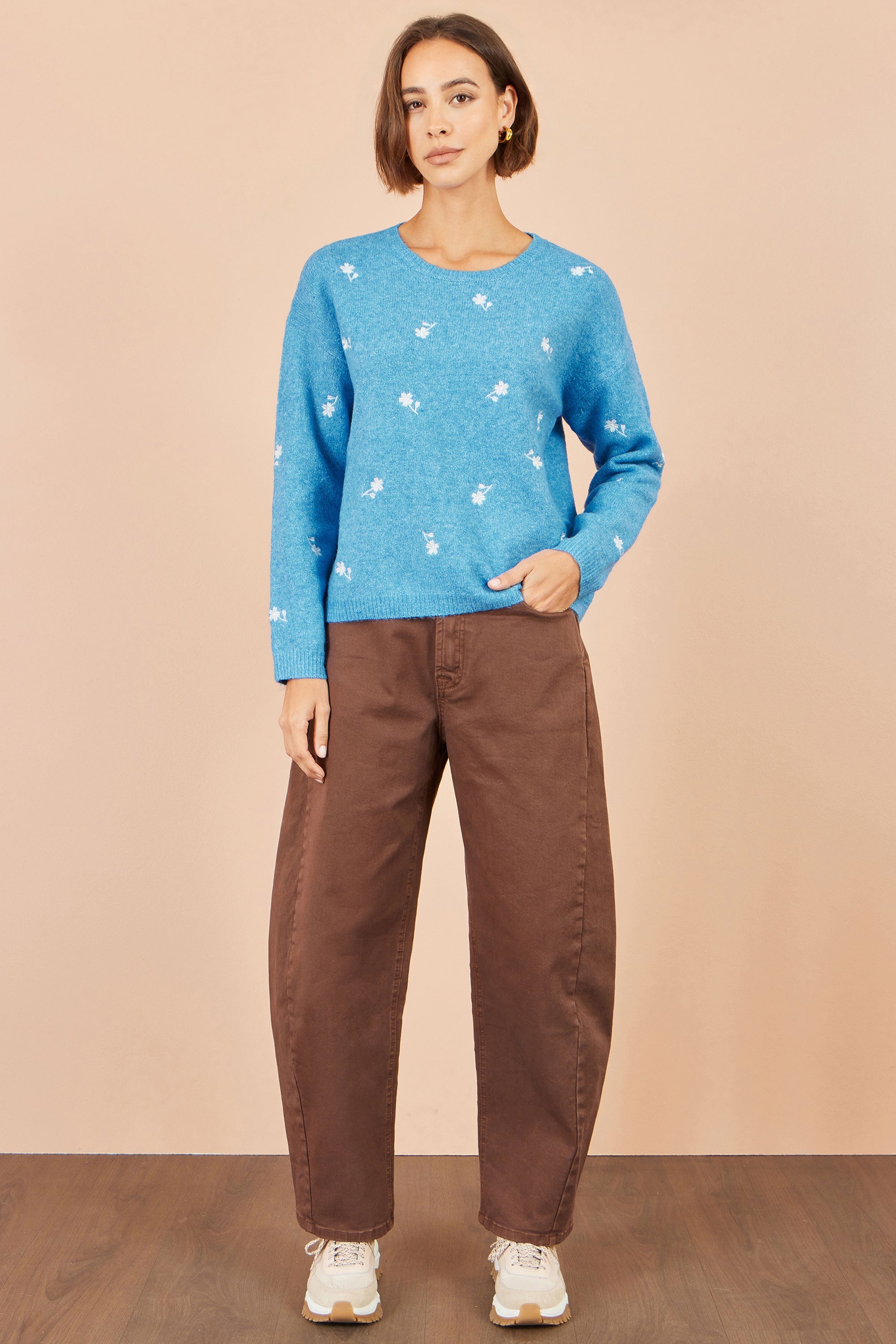 Yumi Blue Daisy Embroidered Relaxed Jumper