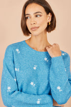 Yumi Blue Daisy Embroidered Relaxed Jumper