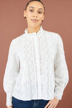 Yumi White Floral Cotton Shirt With Lace Details