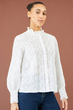Yumi White Floral Cotton Shirt With Lace Details