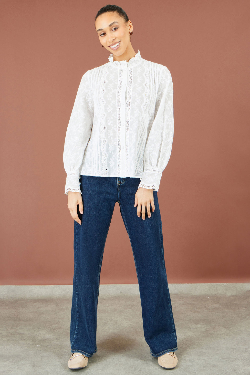 Yumi White Floral Cotton Shirt With Lace Details
