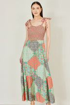 Yumi Multicolour Patchwork Ruched Smocked Maxi Sundress