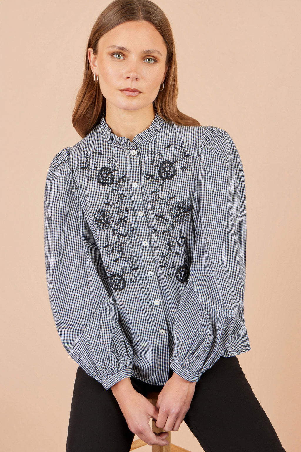 Yumi Black Cotton Gingham Embroidered Shirt