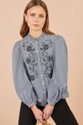 Yumi Black Cotton Gingham Embroidered Shirt
