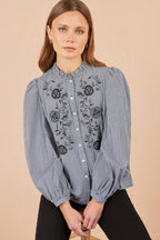 Yumi Black Cotton Gingham Embroidered Shirt