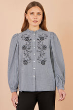 Yumi Black Cotton Gingham Embroidered Shirt