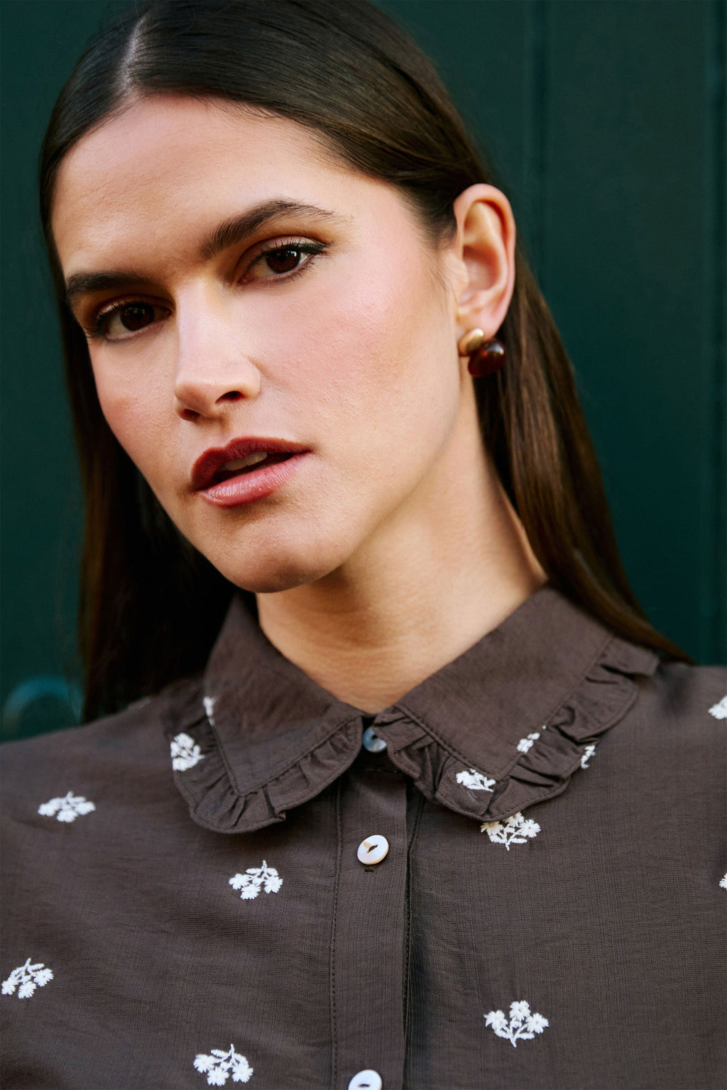 Yumi Brown Viscose Daisy Embroidered Shirt