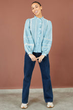 Yumi Blue Cotton Embroidered Panel Shirt