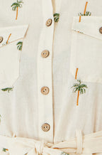 Yumi White Embroidered Palm Print Cotton Playsuit