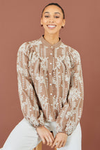 Yumi Brown Embroidered Floral Relaxed Shirt