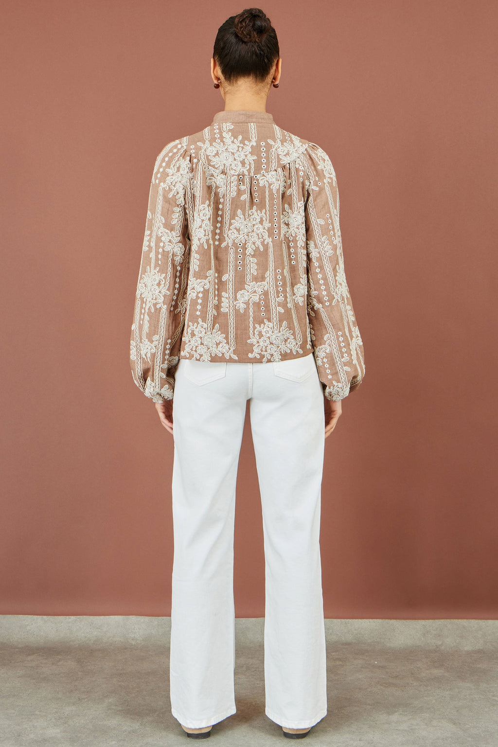 Yumi Brown Embroidered Floral Relaxed Shirt