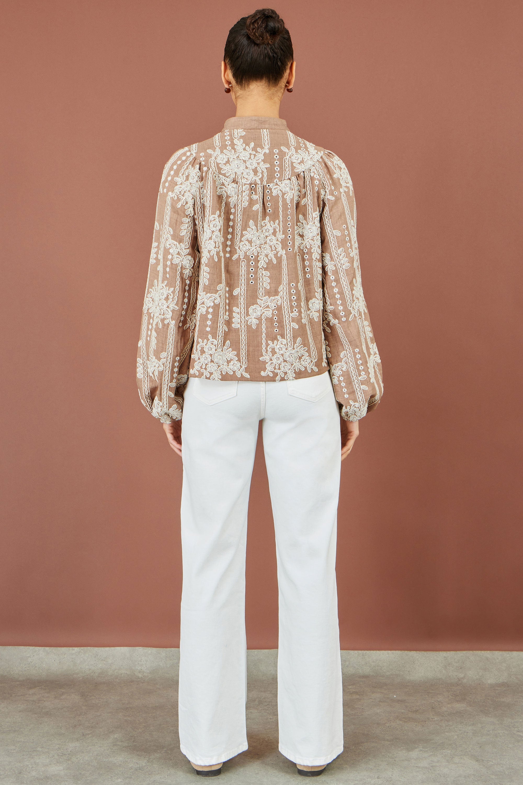 Yumi Brown Embroidered Floral Relaxed Shirt