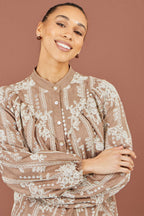 Yumi Brown Embroidered Floral Relaxed Shirt