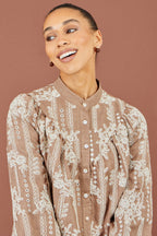 Yumi Brown Embroidered Floral Relaxed Shirt