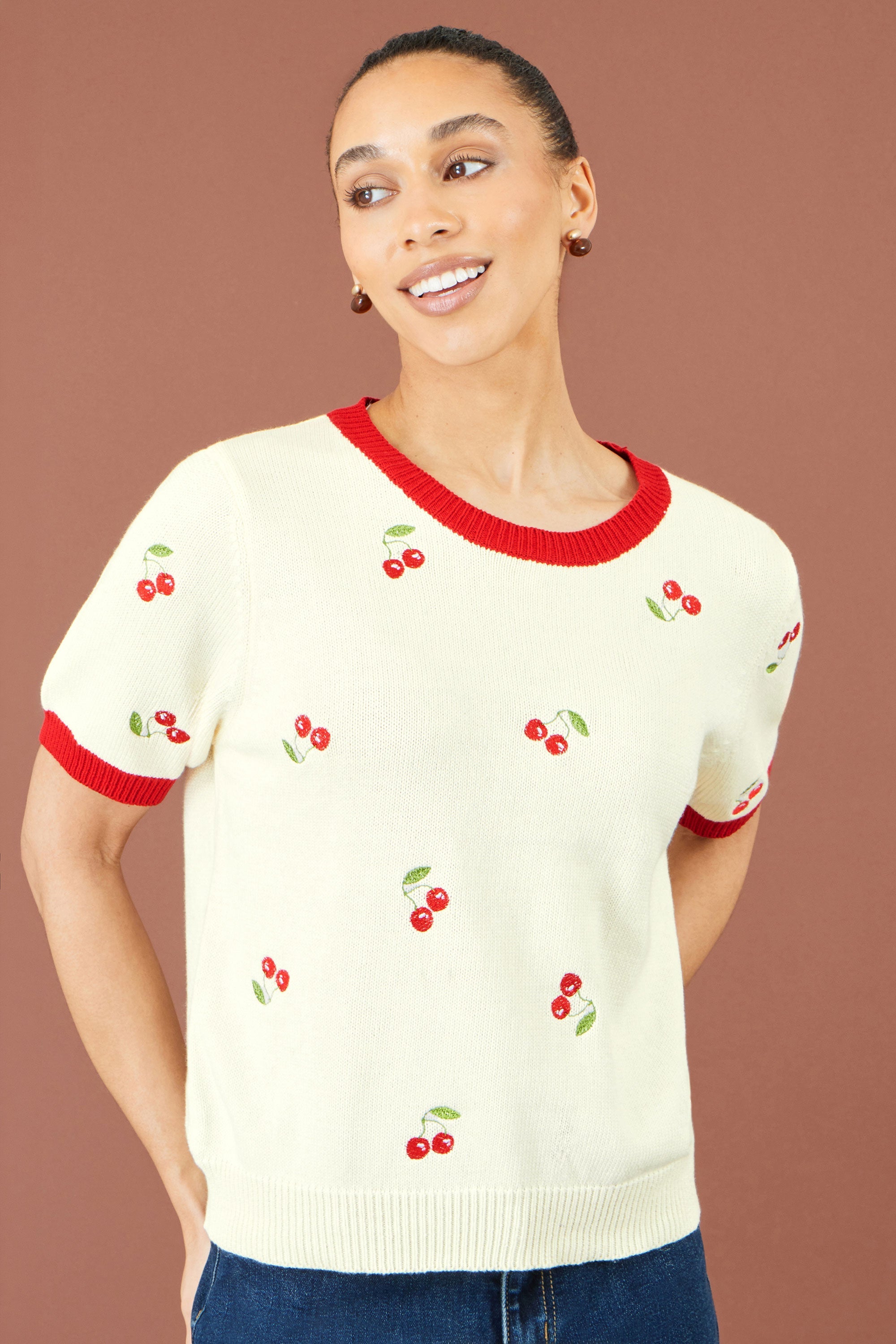Yumi Ivory Cherry Cotton Knitted Top