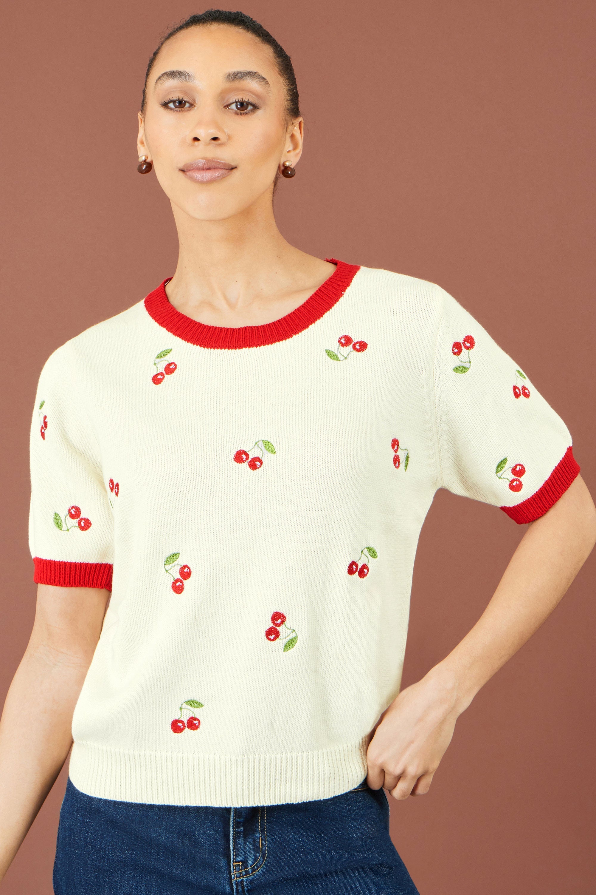 Yumi Ivory Cherry Cotton Knitted Top