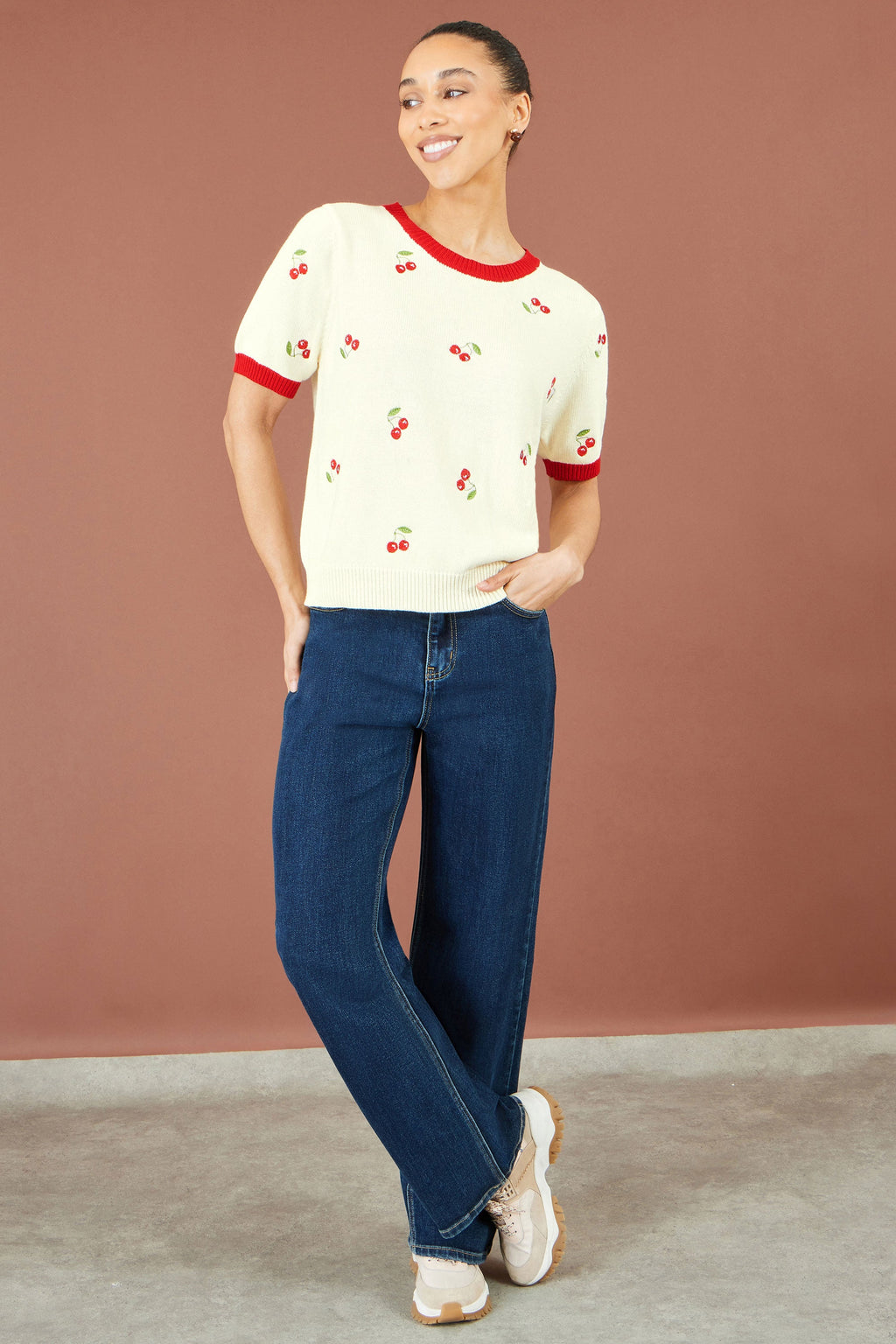 Yumi Ivory Cherry Cotton Knitted Top