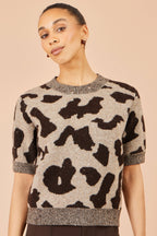 Yumi Brown Leopard Intarsia Short Sleeve Jumper