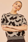Yumi Brown Leopard Intarsia Short Sleeve Jumper