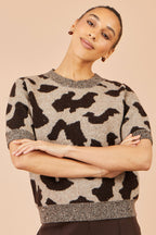 Yumi Brown Leopard Intarsia Short Sleeve Jumper