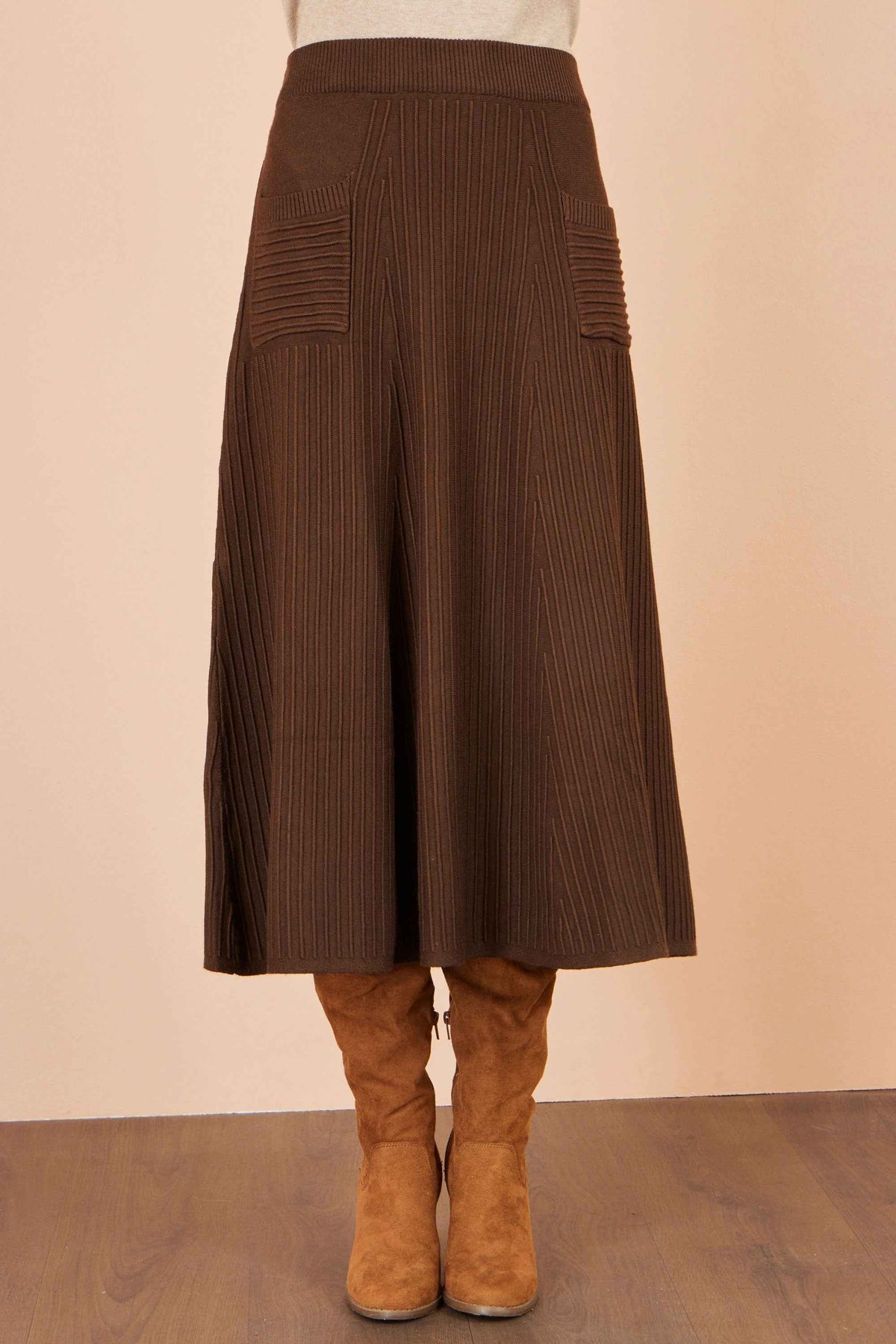 Yumi Brown Knitted Midi Skirt With Pockets