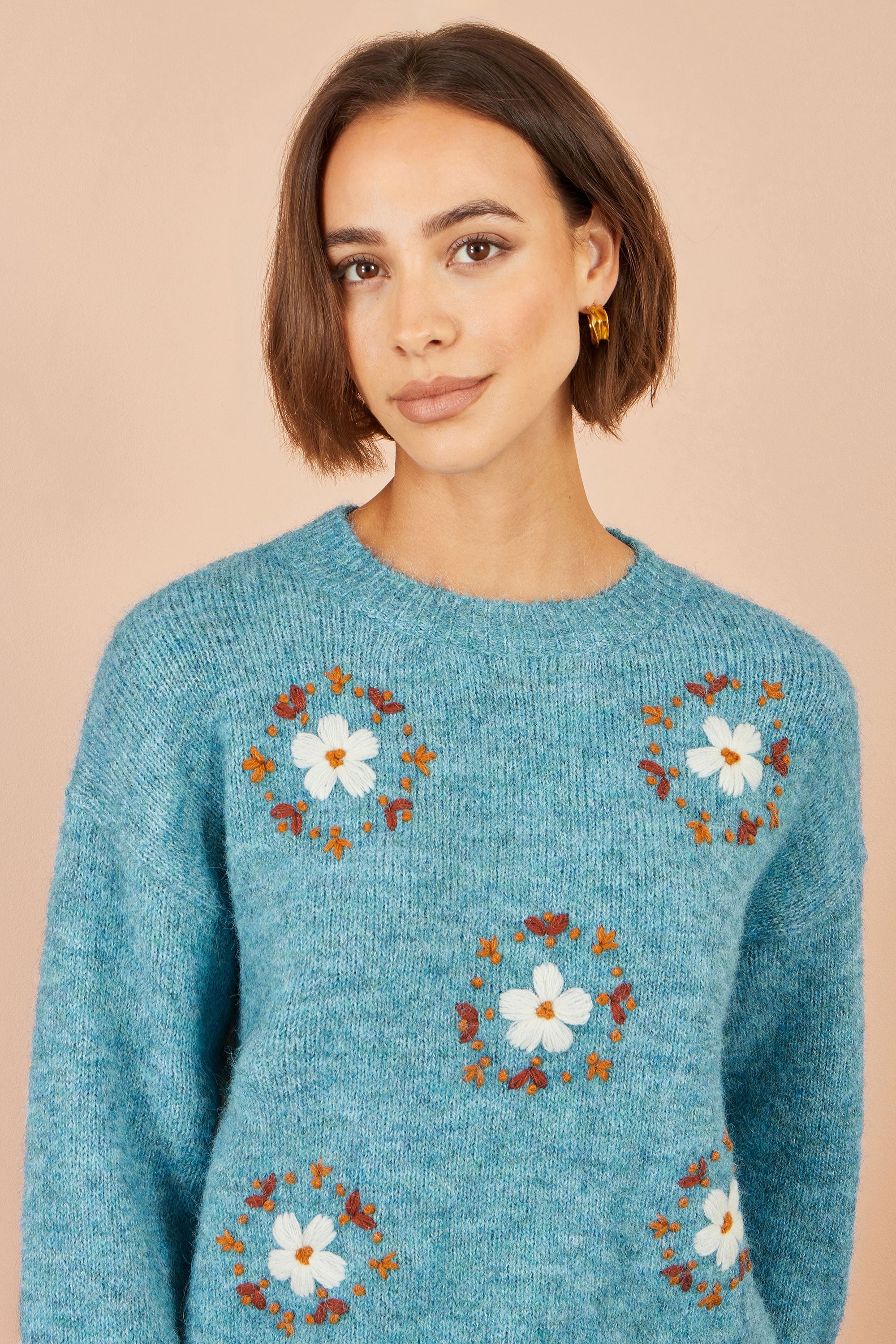 Yumi Blue Patch Floral Embroidered Relaxed Jumper