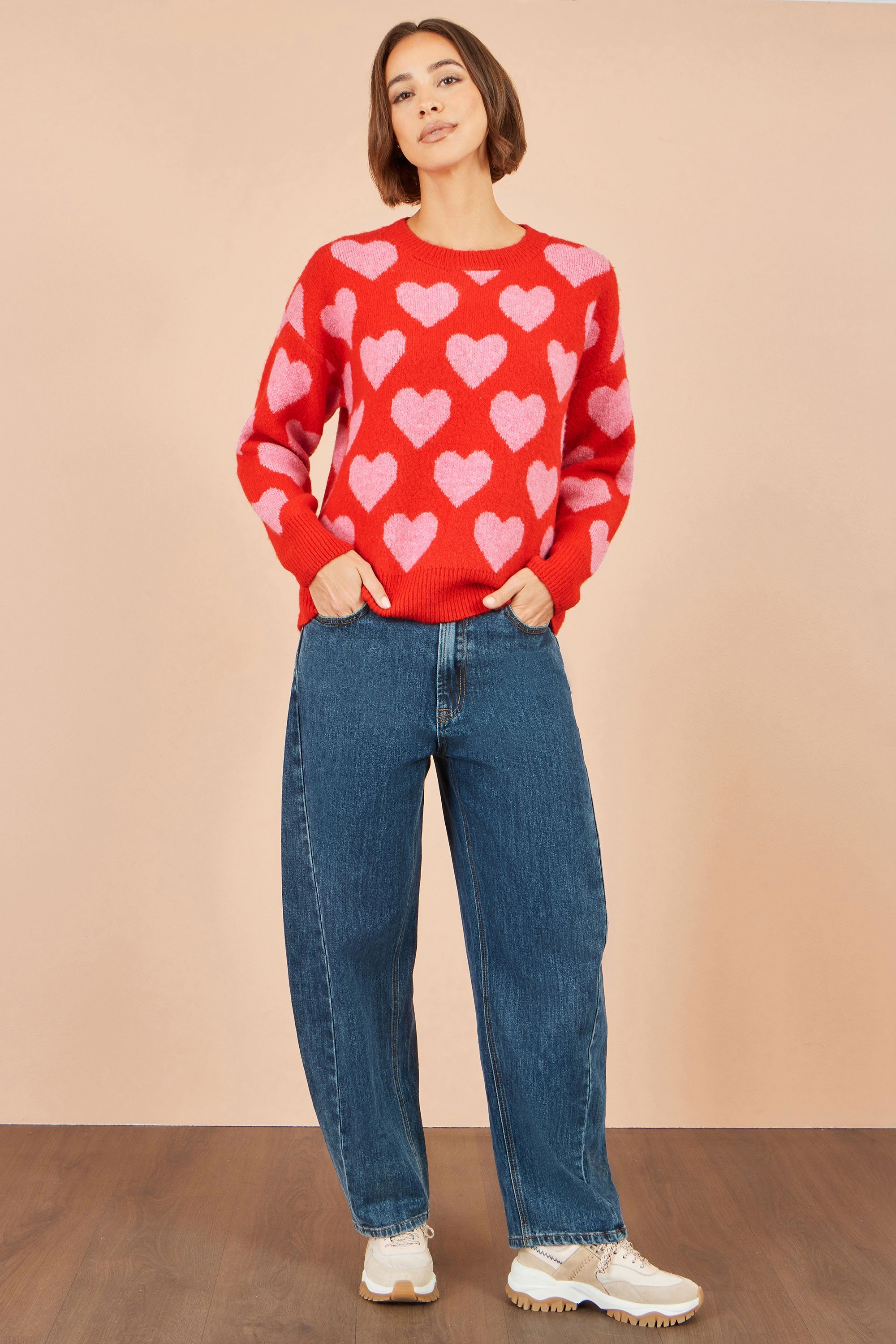 Yumi Pink Heart Intarsia Relaxed Jumper