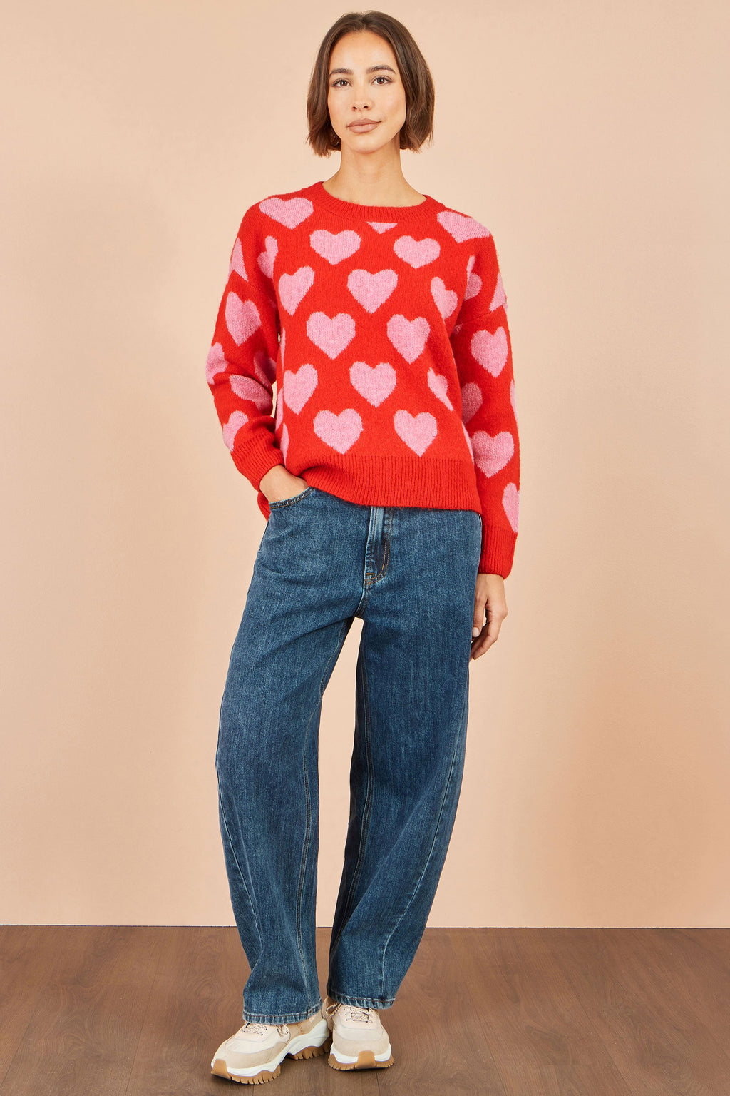Yumi Pink Heart Intarsia Relaxed Jumper