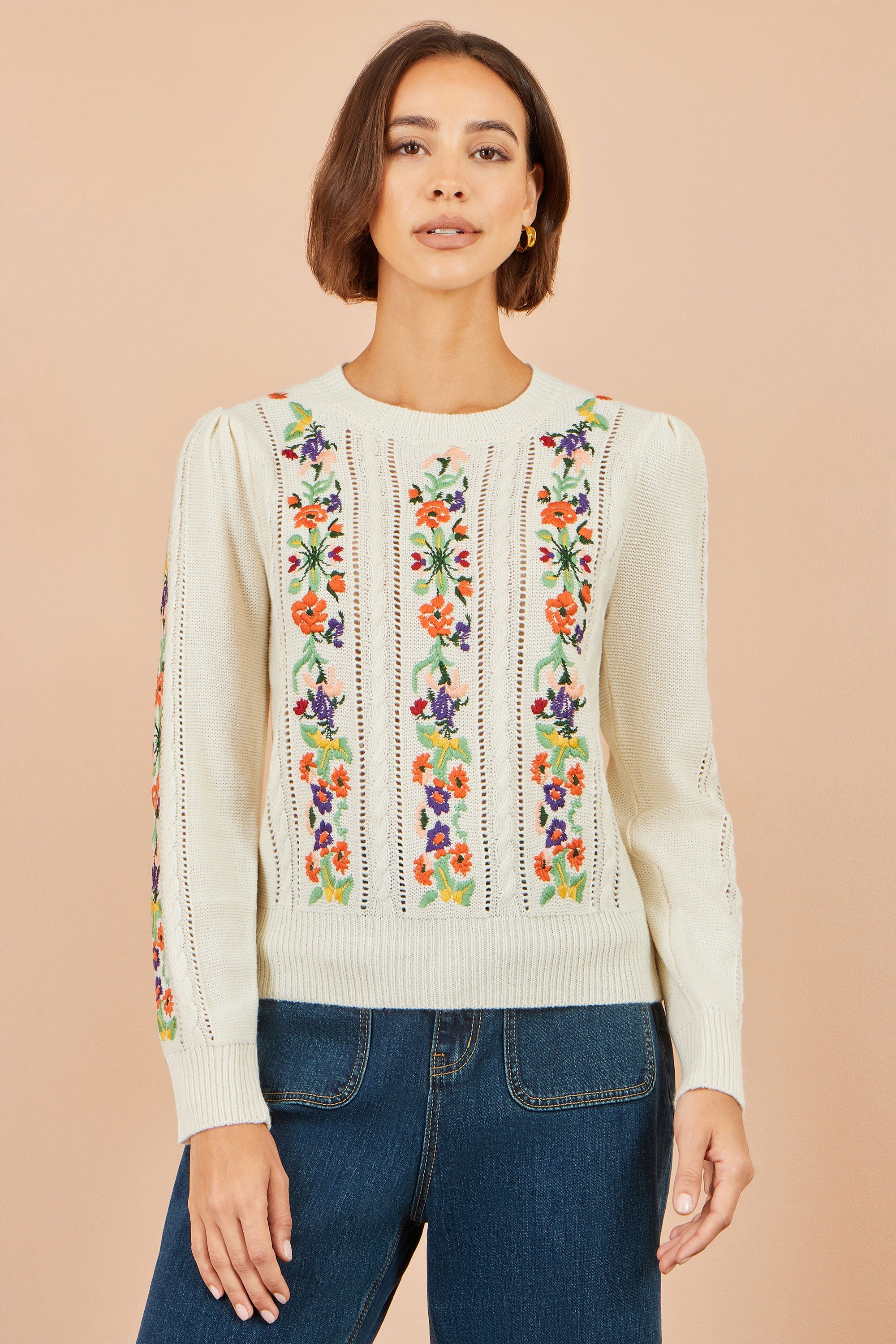 Yumi Ivory Floral Embroidery Cable Jumper