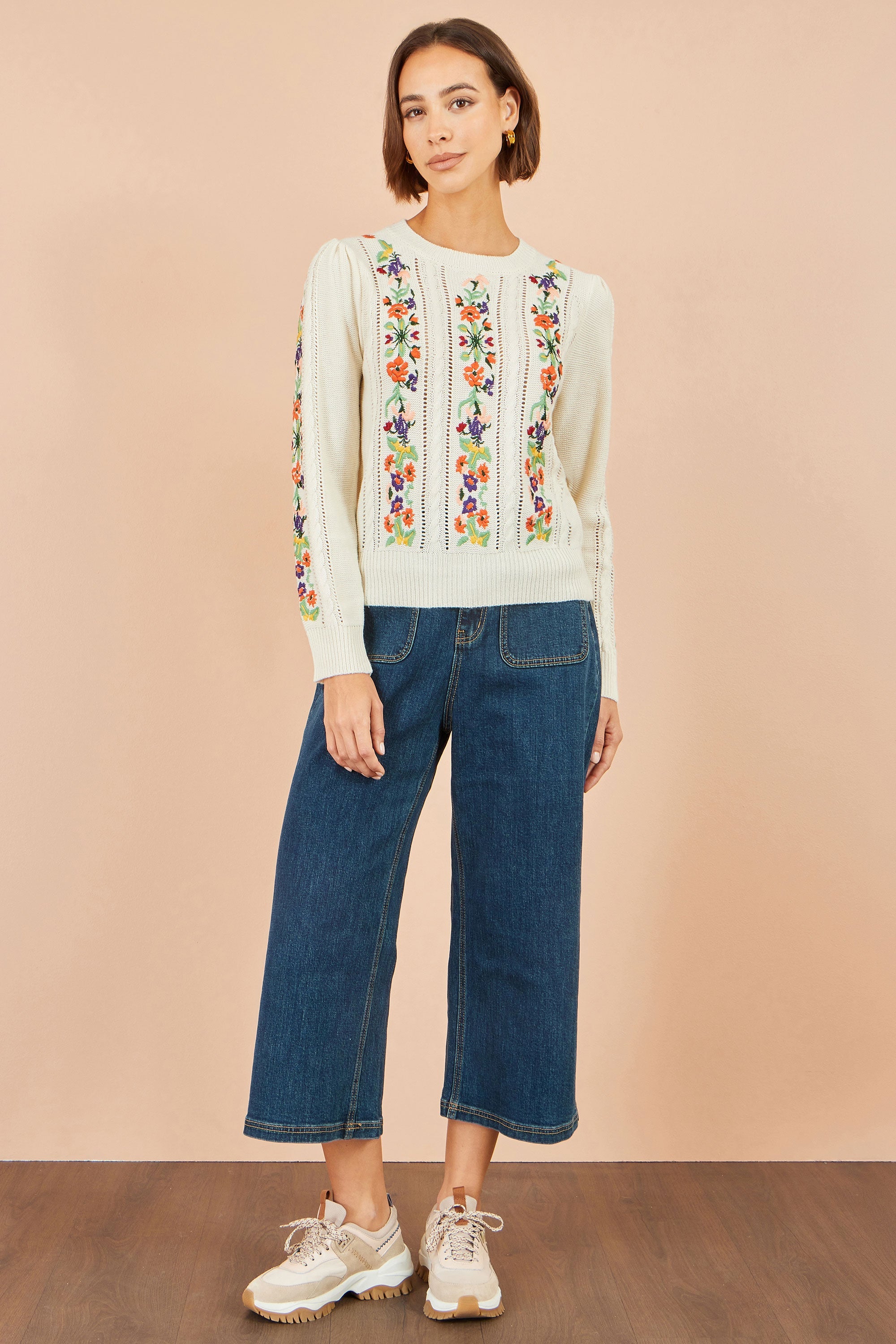Yumi Ivory Floral Embroidery Cable Jumper
