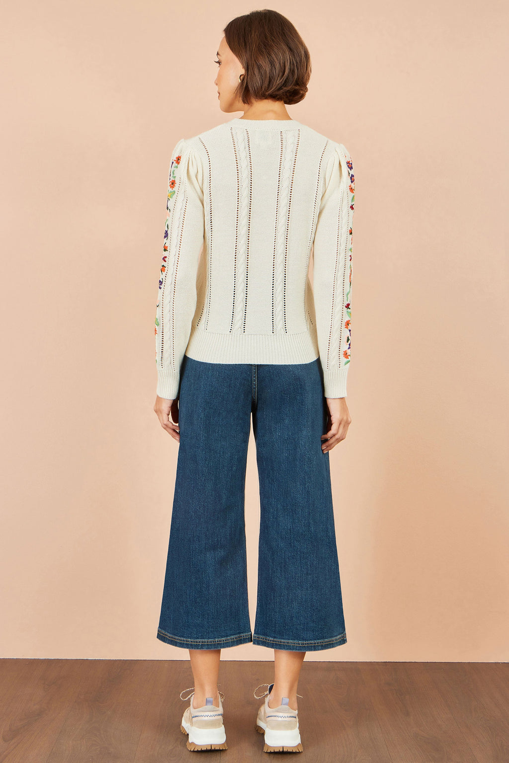Yumi Ivory Floral Embroidery Cable Jumper