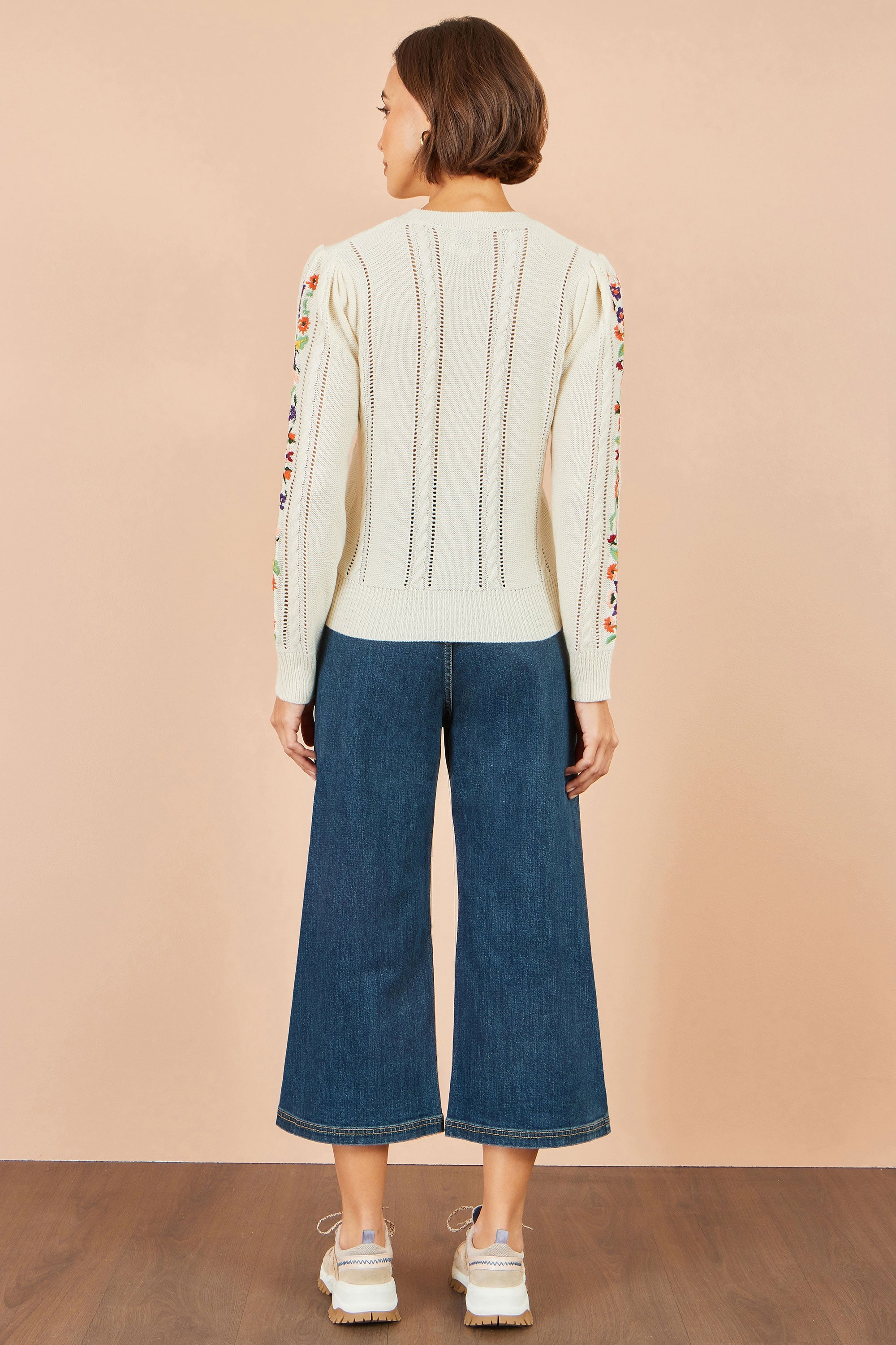 Yumi Ivory Floral Embroidery Cable Jumper