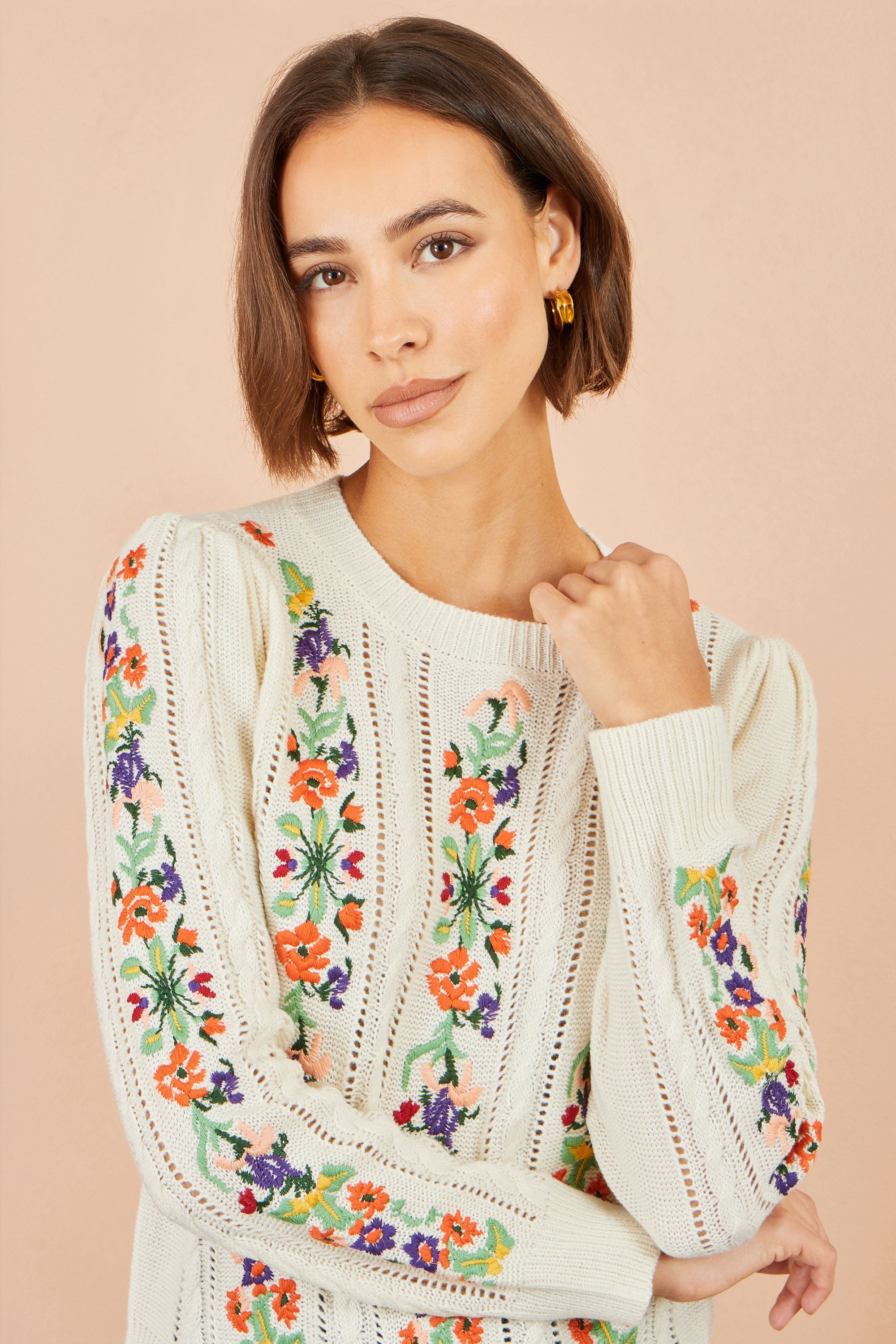 Yumi Ivory Floral Embroidery Cable Jumper