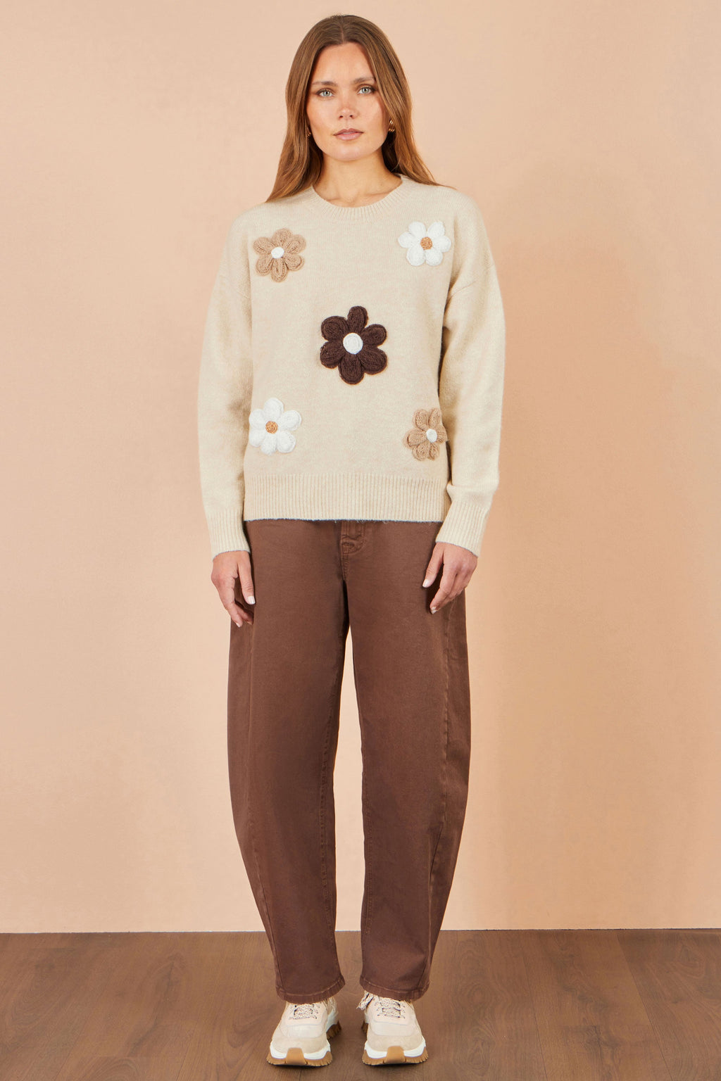 Yumi Beige Relaxed Crochet Flower Jumper